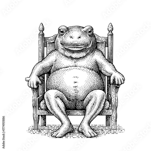 Engraved illustration of a frog sitting on a throne, showcasing a whimsical royal theme in a detailed artistic style