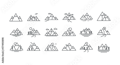 Collection of minimalist line art icons depicting various mountain ranges, including snow-capped peaks, rocky terrains, and forested slopes, with elements like sun, clouds, and winding paths, perfect
