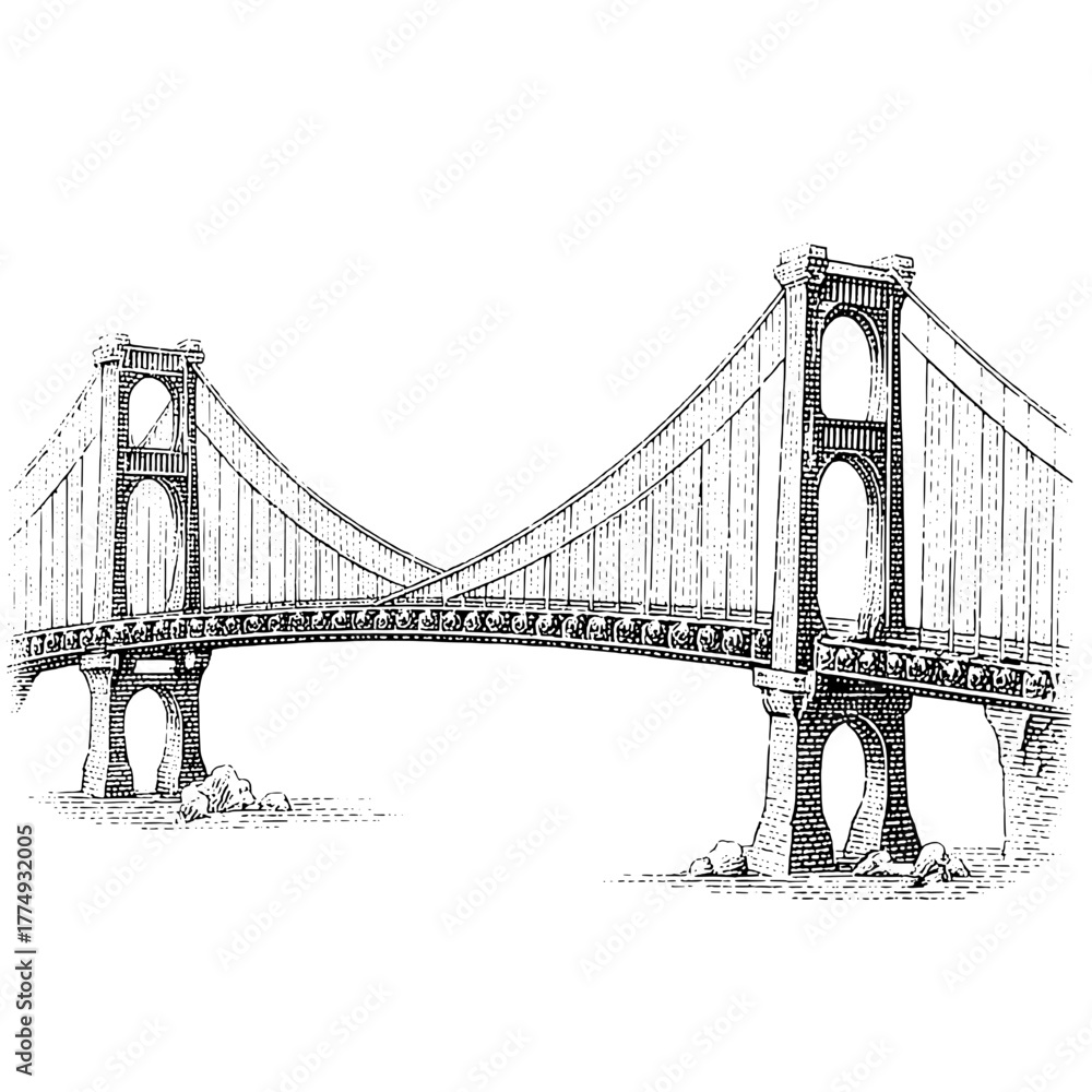 Fototapeta premium Engraved illustration showcasing a majestic bridge with intricate details and timeless architecture