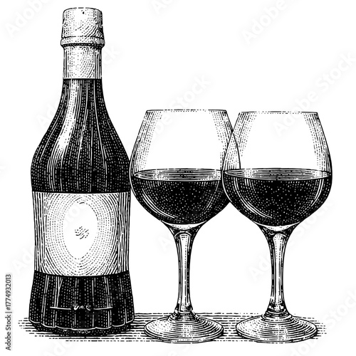 Engraved illustration of a wine bottle and two glasses on a wooden table
