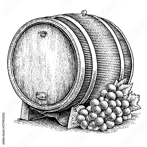Elegant engraved illustration of a vintage wine barrel and fresh grapes showcasing artisanal craftsmanship