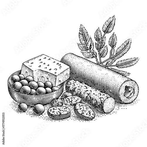 Exploring a rustic table filled with hand-carved cheese, olives, and assorted snacks in vintage engraving style