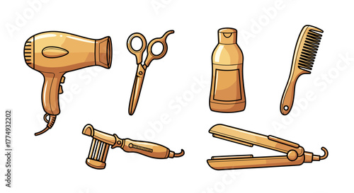 Golden Gradient Cartoon Hair Salon Tools Set: Includes a Hair Dryer, Scissors, Shampoo Bottle, Comb, Curling Iron, and Flat Iron, Perfect for Beauty and Styling Graphics on a Clean Background