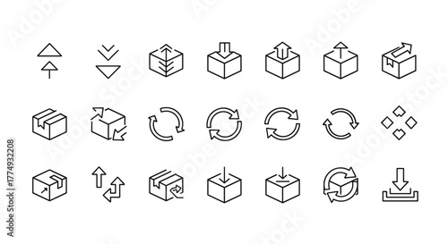Set of minimalistic isometric line icons representing arrows and boxes, symbolizing movement, delivery, and logistics. Includes upload, download, and rotation symbols, perfect for web, app, and