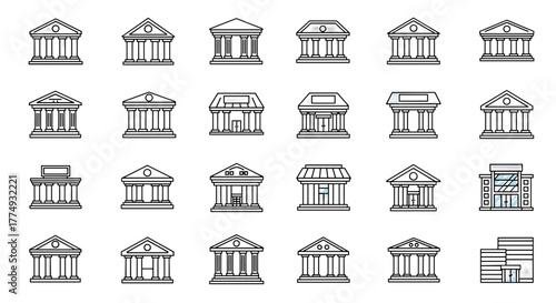 Collection of simple bank building icons with editable strokes, perfect for infographics, articles, books, flyers, and banners, rendered as a vector cartoon illustration with a dark, moody aesthetic.