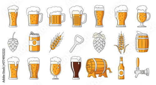 A vibrant collection of beer-related icons, featuring various glasses filled with frothy golden ale, a dark stout, beer cans, hops, barley stalks, a bottle opener, wooden barrels, a beer bottle, and