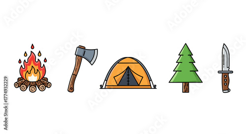 Vibrant cartoon collection of camping essentials: a crackling bonfire, a sharp axe, a cozy tent, a lush green tree, and a sturdy knife, perfect for outdoor adventure themes, infographics, articles