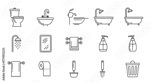 A comprehensive collection of thin line icons representing essential bathroom and toilet fixtures, perfect for graphic design, web development, app interfaces, advertising materials, and various card