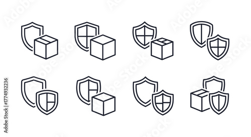 Set of eight line art icons representing secure package delivery and protection, featuring boxes and shields in various combinations, perfect for logistics, shipping, and e-commerce graphic design on