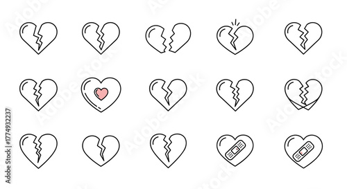 A collection of broken heart line icons in various styles, including a pink cartoon illustration and subtle outlines, perfect for graphic design, web design, app interfaces, advertisements, and