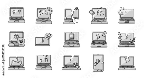 Collection of broken device line icons, featuring laptops and smartphones with cracked screens, damaged components, and repair symbols, perfect for graphic and web design, app development
