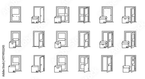 Collection of simple thin line icons depicting doors and delivery boxes, perfect for websites, books, cards, and apps. This vector cartoon illustration set showcases various door states, including
