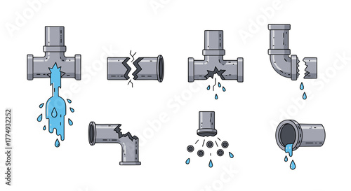 Set of broken pipes with water leaks, illustrating plumbing issues, pipe bursts, and water damage. This vector cartoon illustration features various pipe configurations, including T-joints and
