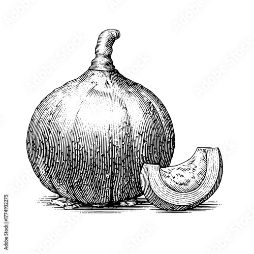 Engraved illustration of a fig fruit and a slice showcasing its detailed texture and shape in a vintage style