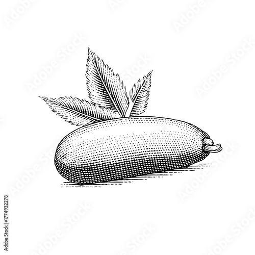 Elegant engraved illustration of a zucchini with detailed leaves in a vintage style