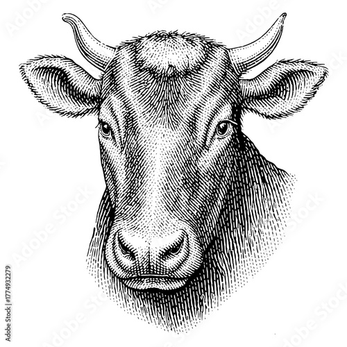 Engraved illustration of a cow's head showcasing intricate details and artistic flair in a classic vector style