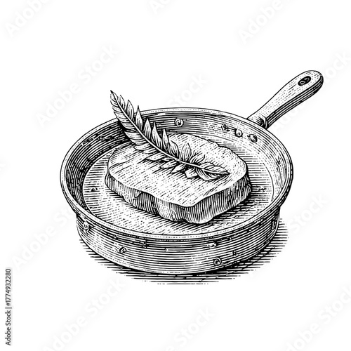 Engraved illustration of a vintage frying pan with a decorative leaf and a piece of soap resting inside