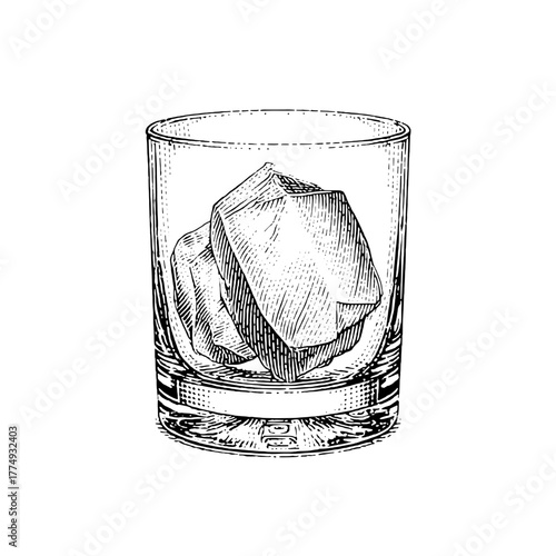 Elegant engraved illustration of a glass with ice cubes, showcasing classic barware artistry and timeless design