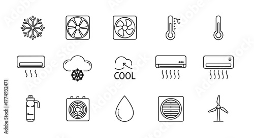 Collection of outline icons representing cooling and air conditioning systems, including snowflakes, fans, air conditioners, thermometers, clouds, water drops, and wind turbines, perfect for graphic