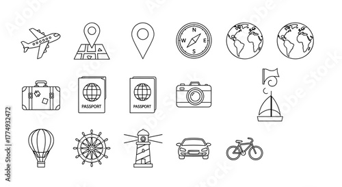 Collection of travel and transport line icons, including airplane, map pin, compass, globe, suitcase, passport, camera, sailboat, hot air balloon, ship wheel, lighthouse, car, and bicycle, perfect