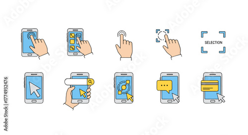Collection of minimalistic vector cartoon icons and pictograms depicting various smartphone interactions and actions, including cursor selection, app navigation, search, messaging, and online