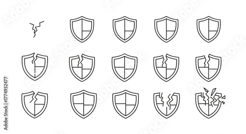Collection of minimalistic linear pictograms representing a shield in various stages of damage, from a small crack to a shattered state, symbolizing security breaches, vulnerability, or system