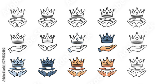 Collection of stylized crown icons presented on open hands, symbolizing royalty, success, and achievement. These diverse vector graphics feature crowns in various colors and designs, including