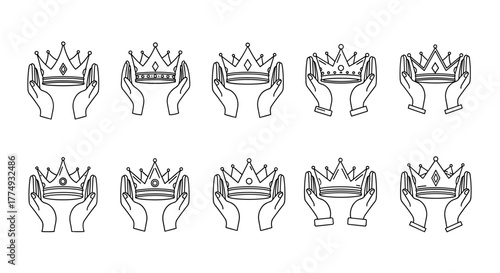 A collection of ten stylized line art icons depicting a crown held between two hands, presented in a clean, minimalist vector cartoon illustration style, perfect for graphic design, web elements
