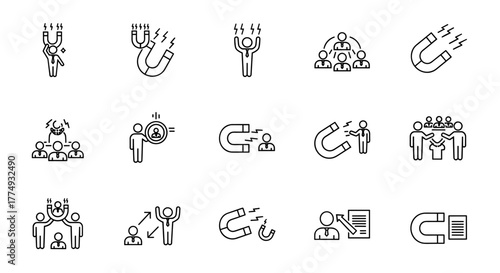 Collection of thin line icons representing employee attraction and retention strategies, featuring magnets, people in groups, and individual figures interacting with business elements, symbolizing