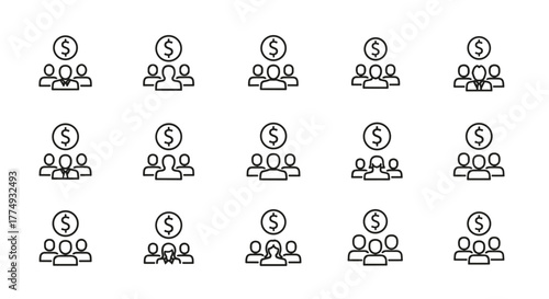 Collection of stylized white line art icons depicting groups of people with a dollar sign above their heads, symbolizing financial success, teamwork, and investment, presented on a clean black