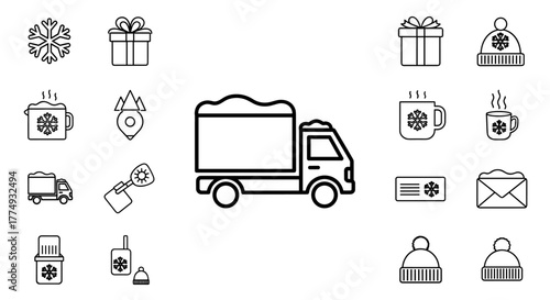 Delivery truck with snow line icon bundle, outline signs for graphic and web design, apps, adverts, various cards, vector cartoon illustration with a white background. This collection features a