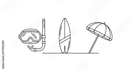 Thin line icon set featuring a diving mask with snorkel, a surfboard, and a beach umbrella, presented on a black background. These outline graphics are perfect for web design, app interfaces