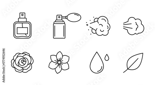 Minimalistic thin line icon set representing perfume and its essence, including spray bottles, atomizers, scent clouds, roses, flowers, water drops, and leaves, perfect for web, graphic design, apps