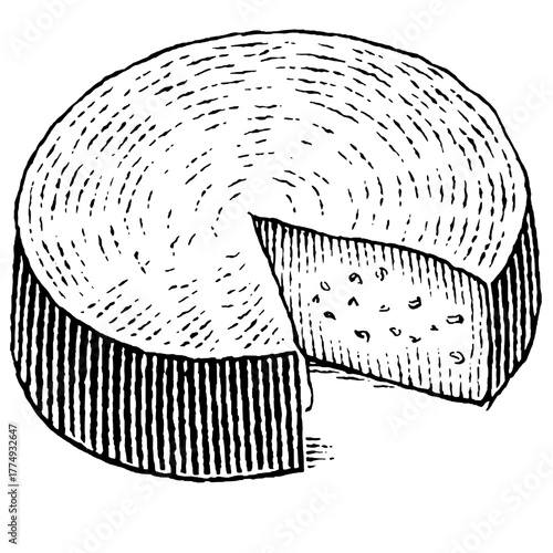 Delightful engraved illustration of a cheese wheel with a slice removed, showcasing intricate details and textures in artful design