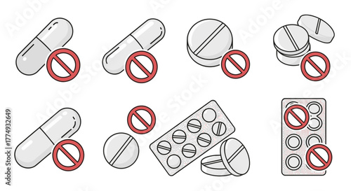 Set of isolated line icons representing prohibited pills, capsules, and blister packs, symbolizing restrictions on medication, medical warnings, and health-related restrictions, presented on a clean