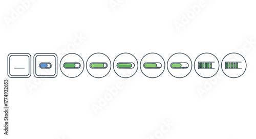 Set of progress bar icons and loading indicators with varying fill levels, from empty to full, in a minimalistic, modern, and clean style, perfect for web design, app interfaces, banners, social