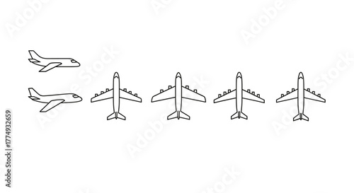 Minimalistic thin outline icons of airplanes and jets, presented in a clean vector cartoon illustration style, perfect for web design, graphic design, app interfaces, banners, social networks, and