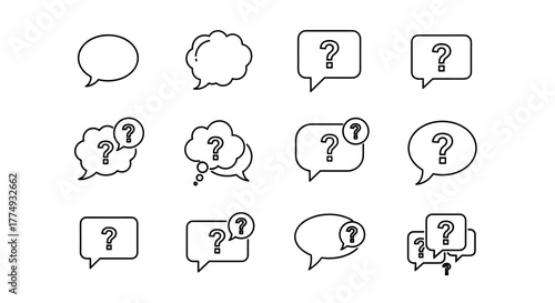 A collection of minimalistic, outline-style speech bubble icons, each featuring a question mark, designed for web and graphic design applications, apps, banners, social networks, and cards. This