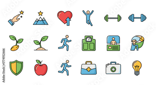 Vibrant collection of flat design icons representing health, fitness, growth, and success, including a hand reaching for stars, mountain peak, heart with arrow, jumping person, dumbbells, sprouting