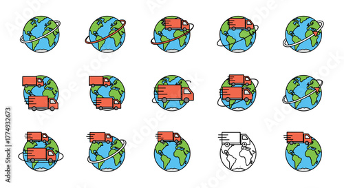 Global delivery service concept, represented by a stylized Earth with orbiting delivery trucks, symbolizing worldwide logistics, e-commerce, and fast shipping. Minimalistic vector cartoon