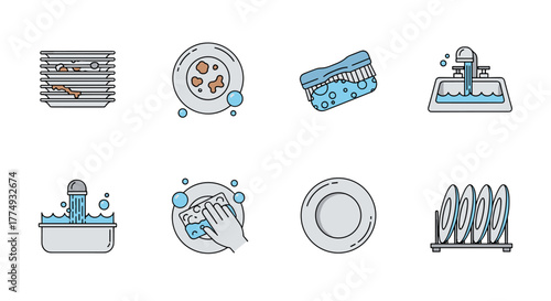 Set of flat design icons illustrating the process of washing dishes, from dirty plates to clean ones in a drying rack, including a sink with running water and a sponge, perfect for web, books, cards