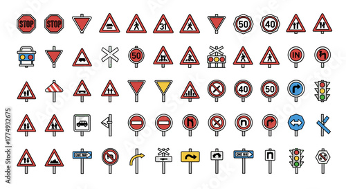 Comprehensive collection of road sign icons, featuring stop signs, warning triangles, speed limits, traffic lights, directional arrows, and prohibition signs, presented in a clean outline style