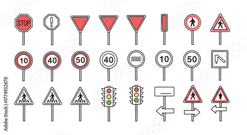 Collection of thin road sign icons with editable stroke, perfect for websites, books, cards, and apps. Vector cartoon illustration featuring stop signs, yield signs, speed limits, pedestrian