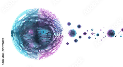 Abstract digital art featuring a large, glowing sphere composed of tiny, iridescent blue and pink pixels, resembling a disco ball or a planet, with smaller, translucent bubbles of similar colors