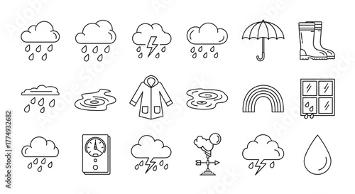 Collection of outline weather icons, including rain clouds, lightning, umbrella, rain boots, raincoat, puddles, rainbow, window with raindrops, barometer, and a single water drop, perfect for graphic