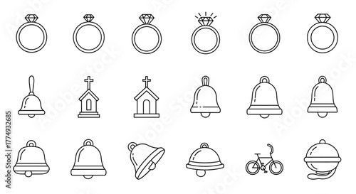 Collection of simple ring and bell icons with editable strokes, perfect for infographics, articles, books, flyers, and banners, presented as a vector cartoon illustration with a white background