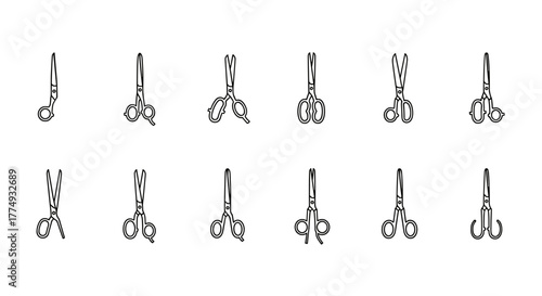 A collection of twelve minimalistic, thin outline icons of various types of scissors, presented in a clean vector cartoon illustration style, perfect for web design, graphic design, app interfaces