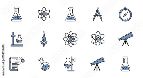 Modern Science Line Icon Bundle: A Vivid Collection Featuring Laboratory Flasks, Atomic Models, Telescopes, Compasses, and Botanical Illustrations, Perfect for Web Design, Apps, and Educational