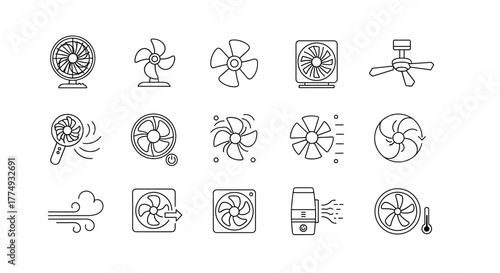 Collection of line art icons representing various types of fans, including desk fans, ceiling fans, computer fans, and air circulation symbols, presented on a clean white background for versatile
