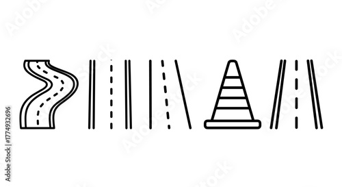 Set of outline icons representing road and path elements, including a winding road, straight roads with lane markings, and a traffic cone, perfect for graphic and web design, apps, adverts, and